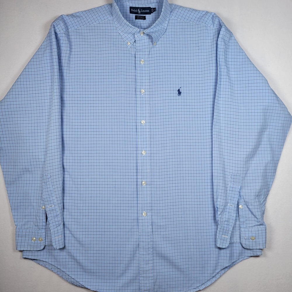 Ralph Lauren Shirt Mens 16 1/2 Blue Yarmouth Cotton Check Button Down - Picture 2 of 7